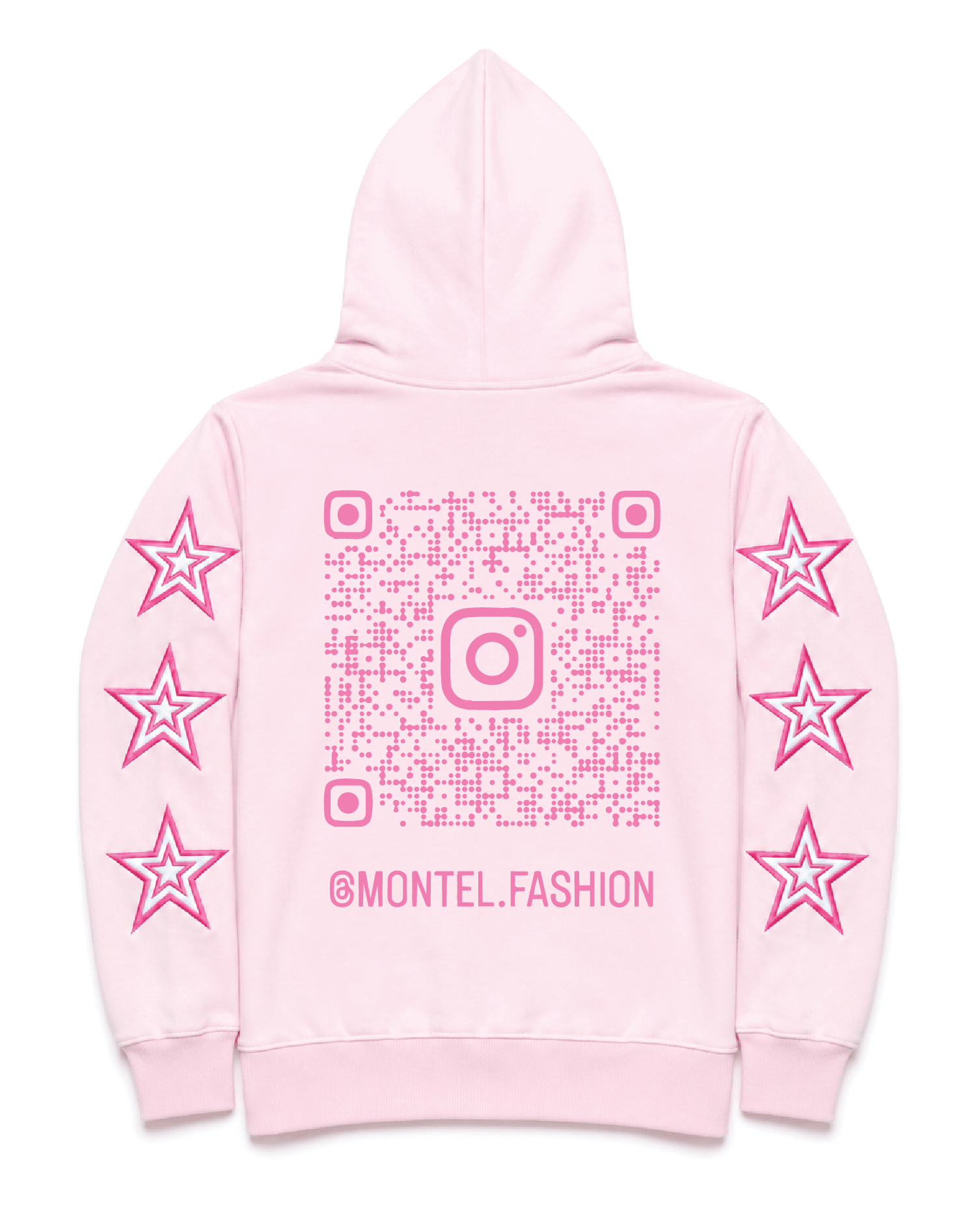 Back view of Montel pink full-zip hoodie with silver logo and star graphics