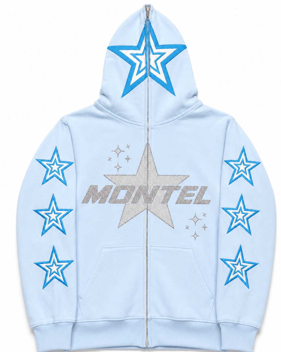 Back view of Montel light blue hoodie with blue QR-style graphic and sleeve stars