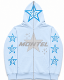 Back view of Montel light blue hoodie with blue QR-style graphic and sleeve stars