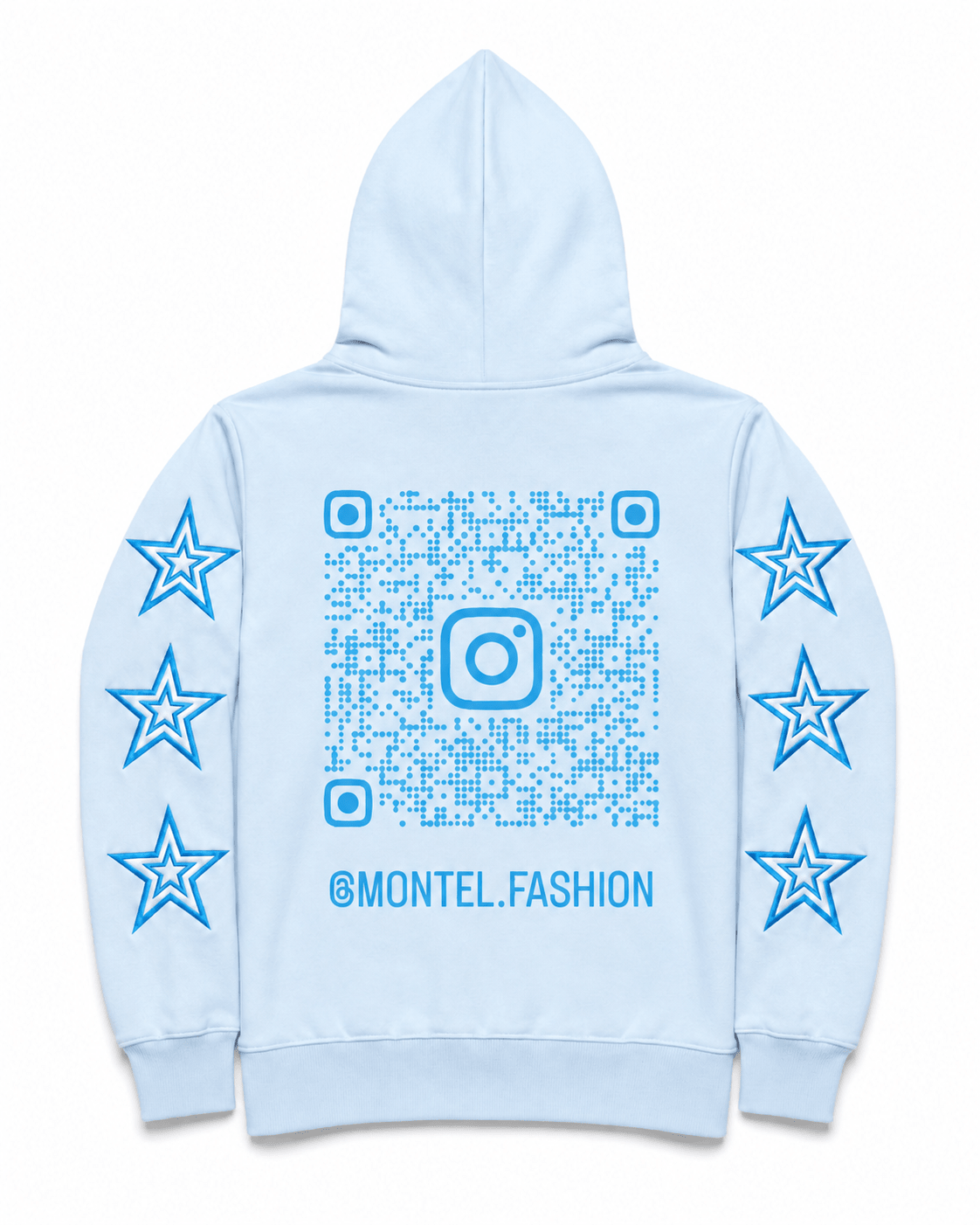 Front view of Montel light blue full-zip hoodie with silver logo and blue star graphics