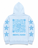 Front view of Montel light blue full-zip hoodie with silver logo and blue star graphics