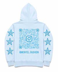 Front view of Montel light blue full-zip hoodie with silver logo and blue star graphics