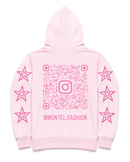Back view of Montel pink full-zip hoodie with silver logo and star graphics