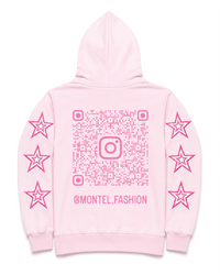 Back view of Montel pink full-zip hoodie with silver logo and star graphics
