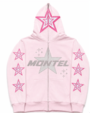 Front view of Montel pink full-zip hoodie with silver logo and star graphics