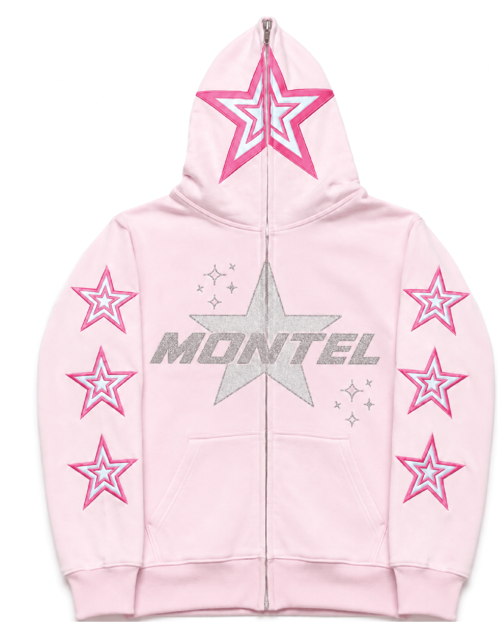 Front view of Montel pink full-zip hoodie with silver logo and star graphics